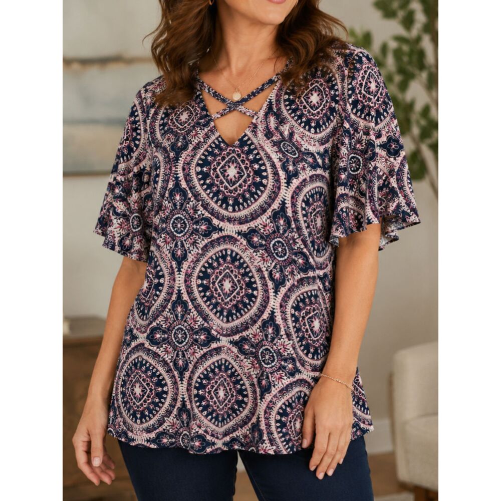 Roz & Ali Medallion Print Knit Top Medium Navy Pink Career Casual Stretch Blouse